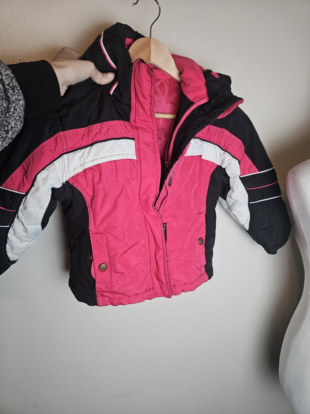 Girls Pink and Black Insulated Puffer Jacket with White Accents